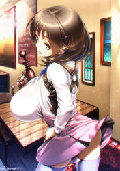 Rule 34 | 1girl, ass, breasts, brown eyes, brown hair, energy gun, hair ornament, hairclip, hand on own hip, huge breasts, impossible clothes, looking to the side, narusawa ryouka, occultic;nine, parted lips, purple thighhighs, ray gun, short hair, skindentation, skirt, solo, thighhighs, thighs, twitter username, weapon, yuushi tessen