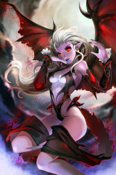Rule 34 | 1girl, bare shoulders, bat wings, black nails, blue lips, breasts, cleavage, cloud, demon girl, demon wings, detached sleeves, dsqk03, earrings, fang, fang out, fingernails, frills, hair between eyes, horns, jewelry, long fingernails, long hair, looking at viewer, midriff, nail polish, original, parted lips, pointy ears, red eyes, sharp fingernails, sideboob, sky, slit pupils, smile, solo, torn wings, white background, wings