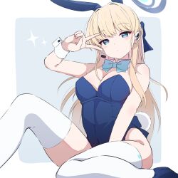 Rule 34 | 1girl, absurdres, animal ears, blonde hair, blue archive, blue background, blue bow, blue eyes, blue footwear, blue halo, blue leotard, blush, border, bow, braid, breasts, cleavage, collar, commentary, detached collar, earpiece, expressionless, fake animal ears, fake tail, french braid, gyorui (katsuwo drawing), hair bow, halo, hand up, highres, knee up, large breasts, leotard, official alternate costume, official alternate hairstyle, playboy bunny, rabbit ears, rabbit tail, sitting, solo, strapless, strapless leotard, tail, thighhighs, toki (blue archive), toki (bunny) (blue archive), v, v over eye, white border, white collar, white thighhighs, white wrist cuffs, wrist cuffs