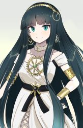 Rule 34 | 1girl, armlet, bracelet, breasts, choker, cleopatra (fate), cleopatra (third ascension) (fate), closed mouth, collarbone, dark green hair, dress, earrings, fate/grand order, fate (series), feet out of frame, green eyes, hairband, hinomaru (futagun), hoop earrings, jewelry, long dress, long hair, looking at viewer, necklace, ring, simple background, sleeveless, sleeveless dress, smile, solo, standing, white choker, white dress