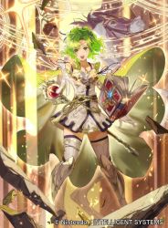 Rule 34 | 1girl, armor, boots, breastplate, cape, commentary request, company connection, copyright name, fire emblem, fire emblem: the sacred stones, fire emblem cipher, gloves, green eyes, green hair, jewelry, l&#039;arachel (fire emblem), long hair, mayo (becky2006), nintendo, official art, skirt, sparkle, thigh boots, thighhighs, white footwear, zettai ryouiki