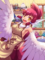 Rule 34 | 1girl, apron, blue sky, blush, breasts, cloud, fang, feathers, female focus, female pubic hair, happy, harpy, highres, long hair, looking at viewer, monster girl, naked apron, navel, nipple slip, nipples, open mouth, original, pubic hair, red feathers, red hair, shop, sky, smile, solo, teaf, tree, white feathers, winged arms, wings, yellow eyes