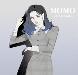 Rule 34 | 1girl, black hair, blue eyes, blue hair, character name, chinese commentary, collared dress, dress, earrings, gradient hair, grey background, grey dress, hair behind ear, head tilt, highres, jewelry, k-pop, looking at viewer, momo (twice), multicolored hair, parted lips, qiao nan 1028 hao, real life, sketch, solo, twice (group)