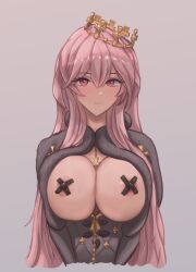 Rule 34 | 1girl, azur lane, black cape, black dress, black gloves, breasts, brown hair, cape, clemenceau (azur lane), closed mouth, commentary, covered erect nipples, cropped torso, cross, cross pasties, crown, dress, elbow gloves, english commentary, fur-trimmed cape, fur trim, gloves, grey background, hair between eyes, highres, large breasts, light blush, light smile, long hair, looking at viewer, pasties, red eyes, sidelocks, simple background, solo, starving for more, tilted headwear, very long hair