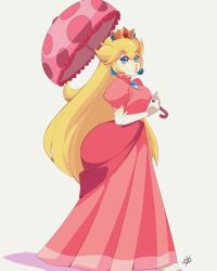 Rule 34 | 1girl, blonde hair, blue eyes, brooch, crown, delux drawings, dress, earrings, elbow gloves, eyebrows, female focus, from side, full body, gloves, highres, jewelry, lips, long hair, looking at viewer, mario (series), nintendo, parasol, parted lips, pink dress, pink lips, princess peach, simple background, solo, super mario bros. 1, umbrella, white gloves