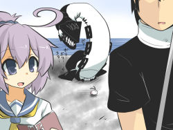 Rule 34 | 10s, 1boy, 2girls, abyssal ship, admiral (kancolle), ahoge, aoba (kancolle), beach, chibi, commentary request, goma (gomasamune), head out of frame, kantai collection, multiple girls, neck brace, notepad, open mouth, ponytail, purple eyes, purple hair, re-class battleship, revision, school uniform, serafuku, shimakaze (kancolle), smile, tail, translation request