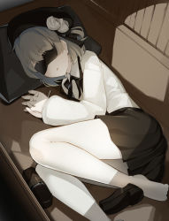 Rule 34 | 1girl, beret, black footwear, black hat, black ribbon, black skirt, blindfold, breasts, collared shirt, facing viewer, fingernails, flower, hair flower, hair ornament, hat, hatoba tsugu, highres, interlocked fingers, loafers, long sleeves, lying, meth (emethmeth), no shoes, on side, own hands together, pantyhose, parted lips, pillow, puffy long sleeves, puffy sleeves, ribbon, rose, shirt, shoes, skirt, solo, suspender skirt, suspenders, unworn shoes, virtual youtuber, white flower, white pantyhose, white rose, white shirt, wooden wall