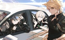 Rule 34 | 2boys, 2girls, ambience synesthesia, angel, animal ears, arknights, artist name, ayami chan 0122, black jacket, black nails, black shirt, blonde hair, blue eyes, braid, car, choker, closed mouth, collarbone, collared shirt, cowboy shot, earrings, enforcer (arknights), eyewear on head, fiammetta (arknights), green choker, halo, hand up, highres, horse boy, horse ears, jacket, jacket on shoulders, jewelry, long hair, mlynar (arknights), motor vehicle, multiple boys, multiple girls, necklace, partially unbuttoned, penance (arknights), red eyes, red hair, shirt, short hair, short ponytail, short sleeves, smile, standing, sunglasses, upper body, white car, white hair, wolf ears, wolf girl, yellow eyes