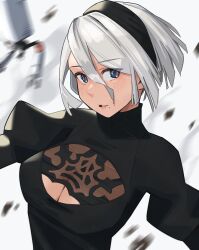 Rule 34 | 1girl, absurdres, blue eyes, blush, breasts, cleavage, cleavage cutout, clothing cutout, hair between eyes, highres, large breasts, lewdrawings, looking at viewer, medium breasts, mole, mole under mouth, nier:automata, nier (series), self-upload, short hair, solo, white hair, wind, 2b (nier:automata)