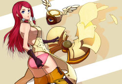 Rule 34 | 1girl, arc system works, ass, bare shoulders, blazblue, blazblue: continuum shift, blue eyes, breasts, feathers, gloves, hair tubes, hat, head wings, panties, red hair, sami (object dump), sideboob, solo, tsubaki yayoi, underwear, wings