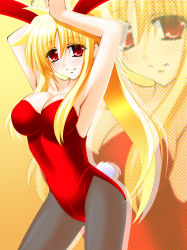 Rule 34 | 00s, 1girl, alternate costume, alternate hairstyle, animal ears, armpits, arms up, bare arms, blonde hair, blush, breasts, cleavage, closed mouth, engo (aquawatery), eyebrows hidden by hair, eyes visible through hair, fake animal ears, fate testarossa, female focus, gradient background, grey pantyhose, hair between eyes, large breasts, leotard, long hair, looking at viewer, lyrical nanoha, mahou shoujo lyrical nanoha strikers, pantyhose, playboy bunny, ponytail, rabbit ears, rabbit tail, red eyes, red leotard, sidelocks, skin tight, smile, solo, standing, strapless, strapless leotard, tail, thick thighs, thighs, very long hair, yellow background, zoom layer
