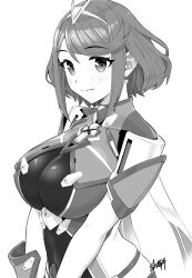 Rule 34 | 1girl, absurdres, blush, breasts, earrings, greyscale, highres, jewelry, large breasts, looking to the side, monochrome, pyra (xenoblade), short hair, simple background, smile, solo, takuji yuusaku, tiara, upper body, xenoblade chronicles (series), xenoblade chronicles 2