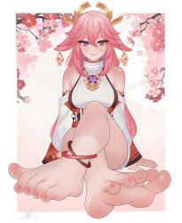 Rule 34 | 1girl, animal ears, anklet, artist name, bare shoulders, barefoot, breasts, cherry blossoms, commentary, commission, crossed legs, detached sleeves, dress, earrings, english commentary, eycarts, eyelashes, feet, floppy ears, foot focus, foreshortening, fox ears, genshin impact, gradient background, hair between eyes, highres, jewelry, knee up, medium breasts, nail polish, nontraditional miko, obi, pink background, pink hair, pink nails, purple eyes, sash, short dress, signature, sitting, sleeveless, soles, solo, toenail polish, toenails, toes, white background, wide sleeves, yae miko
