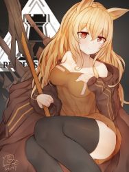 Rule 34 | 1girl, absurdres, animal ears, arknights, bare shoulders, black background, black thighhighs, blonde hair, blush, breasts, brown dress, brown eyes, brown jacket, ceobe (arknights), chinese commentary, cleavage, collarbone, commentary request, dress, feet out of frame, guguta, hair between eyes, highres, jacket, long hair, looking at viewer, medium breasts, off shoulder, open clothes, open jacket, short dress, smile, solo, strapless, strapless dress, thighhighs, thighs, zettai ryouiki