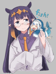 Rule 34 | 2girls, :d, ^ ^, animal hood, aoi (aoisaka), black eyes, blue hair, blunt bangs, closed eyes, coke-bottle glasses, commentary, diamond hairband, english commentary, english text, fins, fish tail, gawr gura, glasses, grey background, highres, hololive, hololive english, hood, hood up, lab coat, light blush, long hair, long sleeves, mini person, minigirl, multicolored hair, multiple girls, necktie, ninomae ina&#039;nis, open mouth, orange necktie, pointy ears, purple shirt, shark hood, shark tail, sharp teeth, shirt, simple background, sleeves past fingers, sleeves past wrists, smile, tail, teeth, two-tone hair, upper body, very long hair, virtual youtuber, white hair, wing collar