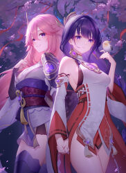 Rule 34 | 2girls, animal ears, bare shoulders, bird, blush, braid, breasts, bridal gauntlets, cleavage, cosplay, costume switch, detached sleeves, earrings, fox ears, genshin impact, grin, hair ornament, highres, japanese clothes, jewelry, kimono, large breasts, lightria, long hair, long sleeves, looking at viewer, low-braided long hair, low-tied long hair, mole, mole under eye, multiple girls, necklace, obi, off shoulder, pendant, pink hair, purple eyes, purple hair, purple kimono, raiden shogun, raiden shogun (cosplay), red skirt, sash, shrug (clothing), sidelocks, skirt, sleeveless, smile, solo focus, very long hair, wide sleeves, yae miko, yae miko (cosplay)