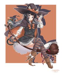 Rule 34 | 2girls, adapted costume, animal ears, asashio (kancolle), black dress, black hair, black headwear, blue eyes, boots, broom, broom riding, brown footwear, cat ears, cat tail, commentary request, dated, dress, dress shirt, full body, halloween, hamakaze (kancolle), hat, high heels, highres, kantai collection, long hair, long sleeves, mini person, minigirl, multiple girls, official alternate costume, orange background, pinafore dress, sagoromo 04, shirt, signature, sleeveless, sleeveless dress, solo focus, striped clothes, striped legwear, striped thighhighs, tail, thighhighs, two-tone background, white shirt, witch hat