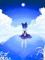 ann606 back blue_hair bow cirno dress embodiment_of_scarlet_devil ice moon short_hair snow socks tegaki touhou tree wings