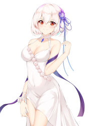 Rule 34 | 1girl, absurdres, alternate costume, azur lane, bad id, bad pixiv id, blush, breasts, bride, catnnn, cleavage, collarbone, commentary request, covered navel, dress, flower, hair between eyes, hair flower, hair ornament, hand up, highres, looking at viewer, medium breasts, purple flower, red eyes, revision, ribbon, rose, short hair, simple background, sirius (azur lane), sirius (white rose) (azur lane), solo, standing, wedding dress, white background, white dress, white hair