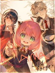 Rule 34 | 1boy, 2girls, anya (spy x family), black hair, blonde hair, blue eyes, character name, child, double bun, english text, green eyes, hair bun, highres, long sleeves, looking at viewer, multiple girls, necktie, open mouth, pen, pink hair, red eyes, red necktie, school uniform, shoutins, sidelocks, smile, spy x family, twilight (spy x family), writing, drawing on fourth wall, yor briar