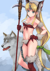 Rule 34 | 1girl, animal ears, bad id, bad pixiv id, bikini, blonde hair, blue eyes, breasts, chain, extra ears, fenrir knight, gloves, hand on own hip, highres, holding, holding weapon, horns, kouno hikaru, long hair, looking at viewer, low-tied long hair, navel, polearm, riesz, seiken densetsu, seiken densetsu 3, single horn, single thighhigh, small breasts, smile, solo, spear, standing, swimsuit, tail, thighhighs, weapon, wolf, wolf ears, wolf tail