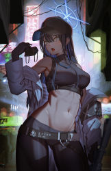 Rule 34 | 1girl, armband, assault rifle, bare shoulders, baseball cap, belt, black belt, black hair, black hat, black mask, black pants, black shirt, blue archive, blue eyes, breasts, buckle, chest harness, commentary, cowboy shot, crop top, grey eyes, groin, gun, hair between eyes, halo, hand up, harness, hat, highres, hironii (hirofactory), holding, holding mask, holding weapon, jacket, large breasts, leggings, long hair, long sleeves, mask, midriff, mouth mask, navel, neon lights, off shoulder, open mouth, outdoors, pants, revision, rifle, saori (blue archive), shirt, sig 516, sig sauer, sleeveless, sleeveless shirt, snap-fit buckle, solo, stomach, thighs, unworn mask, very long hair, weapon, white jacket