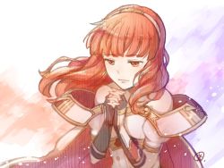 Rule 34 | 1girl, armor, cape, celica (fire emblem), dress, earrings, fingerless gloves, fire emblem, fire emblem echoes: shadows of valentia, fire emblem heroes, gloves, jewelry, long hair, nintendo, red armor, red eyes, red hair, smile, solo, tarayuki, tiara, white armor