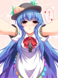 Rule 34 | 1girl, blue hair, blush, bow, breasts, dress, female focus, food, fruit, hat, heart, highres, hinanawi tenshi, incoming kiss, kokuyouseki, long hair, looking at viewer, open mouth, peach, small breasts, solo, touhou