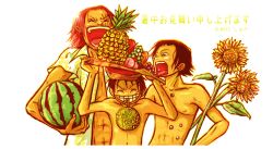 Rule 34 | 3boys, black hair, brothers, eating, flower, food, fruit, grapes, hat, male focus, monkey d. luffy, mouth hold, multiple boys, one piece, open clothes, open shirt, pineapple, portgas d. ace, red hair, scar, shanks (one piece), shirt, siblings, simple background, smile, straw hat, sunflower, text focus, topless male, watermelon, white shirt