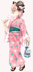 Rule 34 | 1girl, ahoge, animal, artist name, black bow, blush, bow, character mask, clog sandals, cotton candy, fate (series), female focus, fish, food, full body, goldfish, green eyes, hair bow, highres, holding, japanese clothes, kimono, koha-ace, long sleeves, looking at viewer, mask, mask on head, nonono (nononotea), nononon, oda nobunaga (fate), oda nobunaga (koha-ace), okita souji (fate), okita souji (koha-ace), pink background, pink hair, pouch, sandals, short hair, simple background, solo, standing, wide sleeves, yellow eyes, yukata, zouri