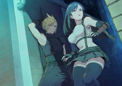 Rule 34 | 1boy, 1girl, against wall, arm guards, bad id, bad pixiv id, black hair, black thighhighs, buster sword, cloud strife, elbow gloves, final fantasy, final fantasy vii, final fantasy vii remake, fingerless gloves, gloves, long hair, looking at viewer, low-tied long hair, navel, open mouth, pleated skirt, skirt, stomach, suspenders, sword, thighhighs, tifa lockhart, user xddx4452, weapon, weapon on back, zettai ryouiki