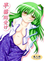 Rule 34 | 1girl, bad id, bad pixiv id, bococho, breasts, detached sleeves, female focus, frog, green hair, kochiya sanae, navel, open clothes, open shirt, shirt, skirt, solo, touhou, white background