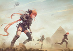 Rule 34 | 1boy, 2girls, aircraft, artist name, black hair, black ribbon, blue eyes, character request, day, dust cloud, extended magazine, extra, fal (girls&#039; frontline), girls&#039; frontline, gun, hair ribbon, handgun, helicopter, highres, holding, holding gun, holding weapon, holster, jay xu, leaning forward, long hair, mac-10/11, mac-10 (girls&#039; frontline), machine pistol, military, multiple girls, ocean, orange hair, outdoors, pistol, profile, pyramid (structure), ribbon, rifle, running, sand, sandstorm, short hair, signature, skindentation, sniper rifle, standing, standing on one leg, submachine gun, thigh holster, thigh strap, very long hair, weapon, weapon request