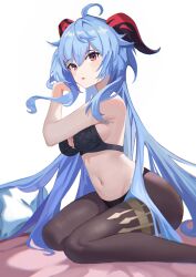 Rule 34 | 1girl, absurdres, ahoge, bare arms, bare shoulders, black bra, black pantyhose, blue hair, bra, breasts, cleavage, commentary, ganyu (genshin impact), genshin impact, hair between eyes, highres, horns, kittf, large breasts, long hair, looking at viewer, navel, pantyhose, parted lips, purple eyes, simple background, sitting, solo, stomach, thighs, underwear, very long hair, wariza, white background