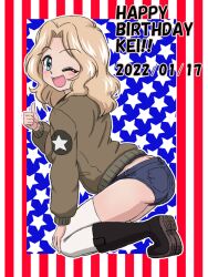 Rule 34 | 1girl, ;d, american flag, birthday, black footwear, blonde hair, blue eyes, blue shorts, boots, brown jacket, character name, commentary, dated, denim, denim shorts, emblem, english text, flag background, from side, girls und panzer, hair intakes, hand on own knee, happy birthday, jacket, kay (girls und panzer), kneeling, leaning forward, long sleeves, looking at viewer, medium hair, micro shorts, military, military uniform, one eye closed, open clothes, open jacket, open mouth, outline, saunders military uniform, shorts, smile, solo, star (symbol), takahashi kurage, thighhighs, thumbs up, uniform, white outline, white thighhighs