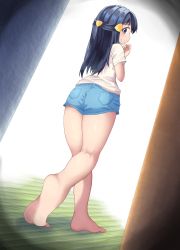 Rule 34 | 1girl, absurdres, akari (pokemon), alternate costume, arched soles, ass, back, barefoot, black hair, blush, clenched hand, creatures (company), denim, denim shorts, eyelashes, feet, female focus, flat chest, foot focus, from behind, full body, game freak, gen 8 pokemon, grey eyes, hair ornament, hairclip, hand up, heel up, highres, indoors, kajitsu no hito, legs, long hair, looking at viewer, looking back, neck, nintendo, official alternate costume, pants, pokemon, pokemon legends: arceus, pov, print shirt, profile, sandals, shiny clothes, shiny skin, shirt, short shorts, short sleeves, shorts, shy, sidelocks, skin tight, soles, standing, sweat, sweatdrop, t-shirt, thighs, thighs together, tight clothes, tight pants, tiptoes, toenails, toes, truth, turning head, unworn footwear, unworn sandals, white shirt