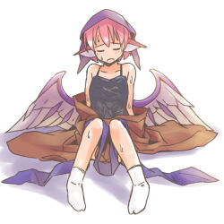 1girl animal_ears bird_ears bird_wings black_camisole blue_headwear blush brown_kimono camisole closed_eyes collarbone full_body headscarf japanese_clothes kimono mystia_lorelei okamisty open_mouth pink_hair purple_wings rangycrow short_hair simple_background socks solo touhou white_background white_socks wings