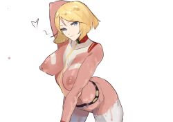 Rule 34 | 1girl, arm behind head, arm support, bent over, blonde hair, blue eyes, bodypaint, breasts, gundam, heart, highres, large breasts, leaning forward, legs, looking at viewer, nipples, painted clothes, sayla mass, seductive smile, short hair, smile, solo, thighs
