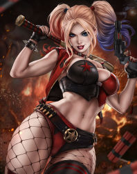 Rule 34 | 1girl, armlet, baseball bat, batman (series), belt, blonde hair, blue eyes, blue hair, breasts, bullet, choker, colored skin, dandon fuga, dc comics, dynamite, explosive, eyeshadow, facial tattoo, fingerless gloves, fishnet pantyhose, fishnets, gloves, gun, harley quinn, heart, heart tattoo, highres, large breasts, lipstick, looking at viewer, makeup, multicolored hair, nail polish, navel, pantyhose, red hair, red lips, solo, spiked armlet, spikes, suicide squad, tattoo, weapon, white skin