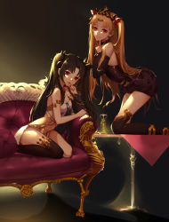 Rule 34 | 2girls, arm cuffs, bare shoulders, black background, black bow, black dress, black hair, black legwear, blonde hair, bow, breasts, cleavage, closed mouth, couch, crop top, crown, detached sleeves, dress, earrings, ereshkigal (fate), fate/grand order, fate (series), finger to mouth, full body, hair bow, head tilt, hoop earrings, ishtar (fate), jewelry, kneeling, light rays, loincloth, long hair, looking at viewer, medium breasts, multiple girls, navel, on couch, on table, parted bangs, parted lips, pillow, red bow, red eyes, shirt, siblings, single detached sleeve, single thighhigh, sisters, smile, sumubing, table, tablecloth, thighhighs, white shirt