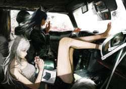Rule 34 | 2girls, absurdres, alternate costume, animal ears, arknights, ashtray, bare legs, barefoot, black hair, black neckwear, black shorts, black suit, blood, blood splatter, book, breasts, broken glass, bullet hole, car interior, cigarette, closed mouth, commentary, deatiose, driving, english commentary, formal, from side, full body, glass, grey tank top, highres, holding, holding cigarette, lappland (arknights), legs up, light smile, long hair, long sleeves, mixed-language commentary, multicolored hair, multiple girls, necktie, profile, red hair, seatbelt, short shorts, shorts, grey eyes, silver hair, sitting, sleeveless, small breasts, smile, smoking, spaghetti strap, steering wheel, streaked hair, suit, sword, tail, tank top, texas (arknights), top-down bottom-up, two-tone hair, weapon, wolf ears, wolf tail