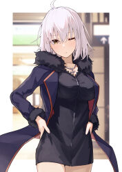 Rule 34 | 1girl, absurdres, ahoge, black coat, black dress, blush, breasts, closed mouth, coat, collarbone, commentary request, dress, fate/grand order, fate (series), fukuidesu0110, full-length zipper, fur-trimmed coat, fur-trimmed sleeves, fur trim, hair between eyes, hands on own hips, highres, jeanne d&#039;arc alter (fate), jeanne d&#039;arc alter (ver. shinjuku 1999) (fate), jewelry, long sleeves, medium breasts, necklace, one eye closed, open clothes, open coat, short dress, short hair, solo, white hair, yellow eyes, zipper