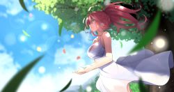 Rule 34 | 1girl, floating hair, from side, grass, green eyes, highres, kay yu, leaf, falling leaves, lens flare, looking up, open hands, original, parted lips, pink-haired girl (kay yu), pink hair, ponytail, smile, solo, tree