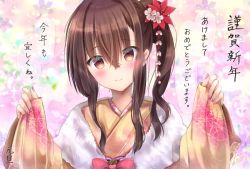 Rule 34 | 1girl, blurry, blurry background, blush, bow, brown eyes, brown hair, brown kimono, closed mouth, commentary request, depth of field, fingernails, floral background, floral print, hands up, head tilt, japanese clothes, kimono, long hair, long sleeves, maruma (maruma gic), nail polish, original, pinching sleeves, print kimono, purple nails, red bow, side ponytail, sidelocks, sleeves past wrists, smile, solo, translation request, upper body, wide sleeves