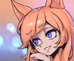 Rule 34 | ahri (league of legends), blonde hair, blue background, blue eyes, brown background, commentary, gradient background, grin, league of legends, long hair, phantom ix row, portrait, smile, solo, star guardian (league of legends), star guardian ahri, symbol-only commentary, teeth