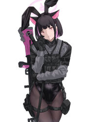 Rule 34 | 1girl, ammunition pouch, animal ears, black hair, black pantyhose, blue archive, body armor, bren lmg, buckle, bulletproof vest, cat ears, colored inner hair, extra ears, gun, gun sling, hair ornament, halo, highres, holding, holding gun, holding weapon, kazusa (blue archive), leotard, light machine gun, multicolored hair, mutugorou u, pantyhose, pink hair, bulletproof vest, playboy bunny, pouch, short hair, snap-fit buckle, solo, tactical clothes, two-tone hair, weapon