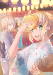 Rule 34 | 1boy, 3girls, absurdres, ahoge, alternate costume, archer (fate), artoria pendragon (all), artoria pendragon (fate), bad id, bad pixiv id, blonde hair, blue kimono, commentary request, fate/grand order, fate (series), floral print, food, fujimaru ritsuka (female), green eyes, highres, holding, holding food, japanese clothes, jeanne d&#039;arc (fate), jeanne d&#039;arc (ruler) (fate), jmao, kimono, lamp, light purple hair, looking at viewer, mash kyrielight, mash kyrielight (anniversary heroines), multiple girls, night, night sky, official alternate costume, outdoors, saber (fate), sky, smile, summer festival, translation request, white hair, wide sleeves