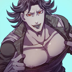 Rule 34 | 1boy, bad id, bad pixiv id, bare pectorals, black hair, giga omega, jojo no kimyou na bouken, large pectorals, male focus, muscular, muscular male, muted color, nipple slip, nipples, open clothes, open shirt, pectoral cleavage, pectorals, red eyes, solo, spot color, stardust crusaders, steely dan, tongue, tongue out, v-neck