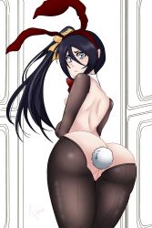 anal_tail animal_ears ass black_hair bleach bleach:_sennen_kessen-hen blue_eyes butt_plug comic commission commissioner_upload fake_tail highres kuchiki_rukia leotard long_hair meme_attire pantyhose papajay_(jennygin2) playboy_bunny ponytail rabbit rabbit_ears reverse_bunnysuit reverse_outfit side_ponytail simple_background tail