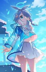 Rule 34 | 1girl, arona (blue archive), blue archive, blue eyes, blue hair, blue shirt, blue sky, bow hairband, choker, closed mouth, cloud, colored inner hair, envelope, hair over one eye, hairband, halo, highres, holding, holding envelope, konatsu hare, looking at viewer, midriff, multicolored hair, navel, neckerchief, pink hair, sailor collar, shirt, short hair, skirt, sky, smile, solo, white choker, white hairband, white neckerchief, white sailor collar, white skirt